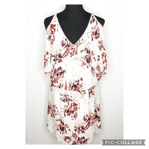 WHBM white red brown floral cold shoulder blouson dress size 10